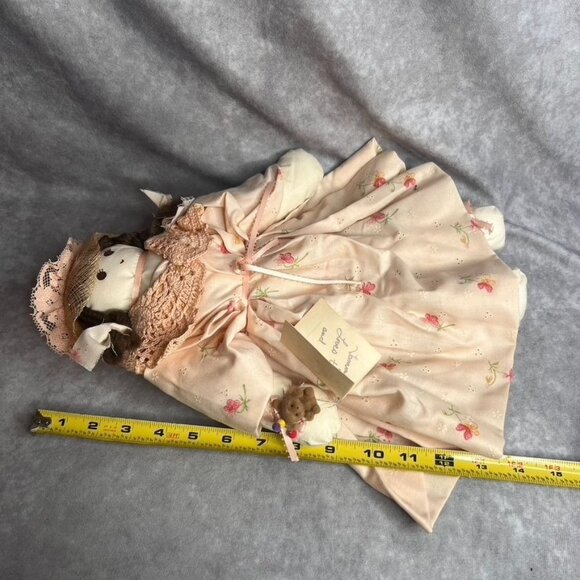 Vintage Handmade Rag Doll Pink Peach Floral Dress Crochet Shawl Brown Hat READ - Picture 6 of 9